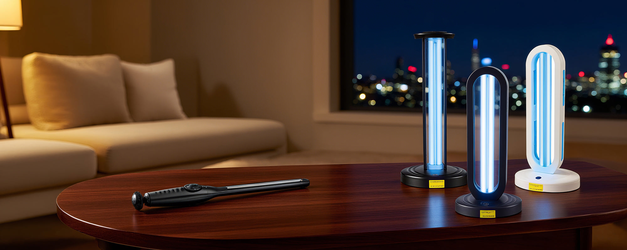 Three cylindrical lamps on a wooden table with a cityscape view in the background