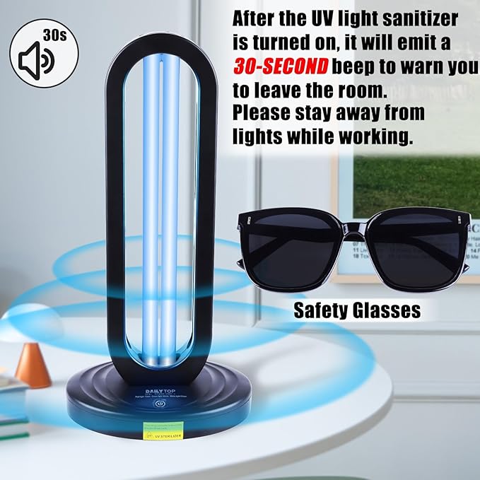 The Dailytop black UV light sanitizer emits a 30-second warning beep before starting, reminding users to leave the room for safety.