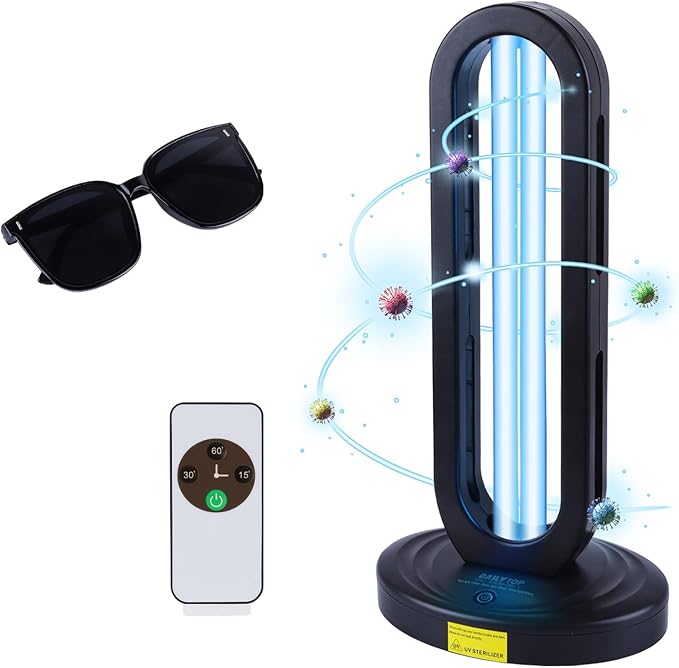A Dailytop black UVC disinfection lamp with a remote control and safety goggles for home use.