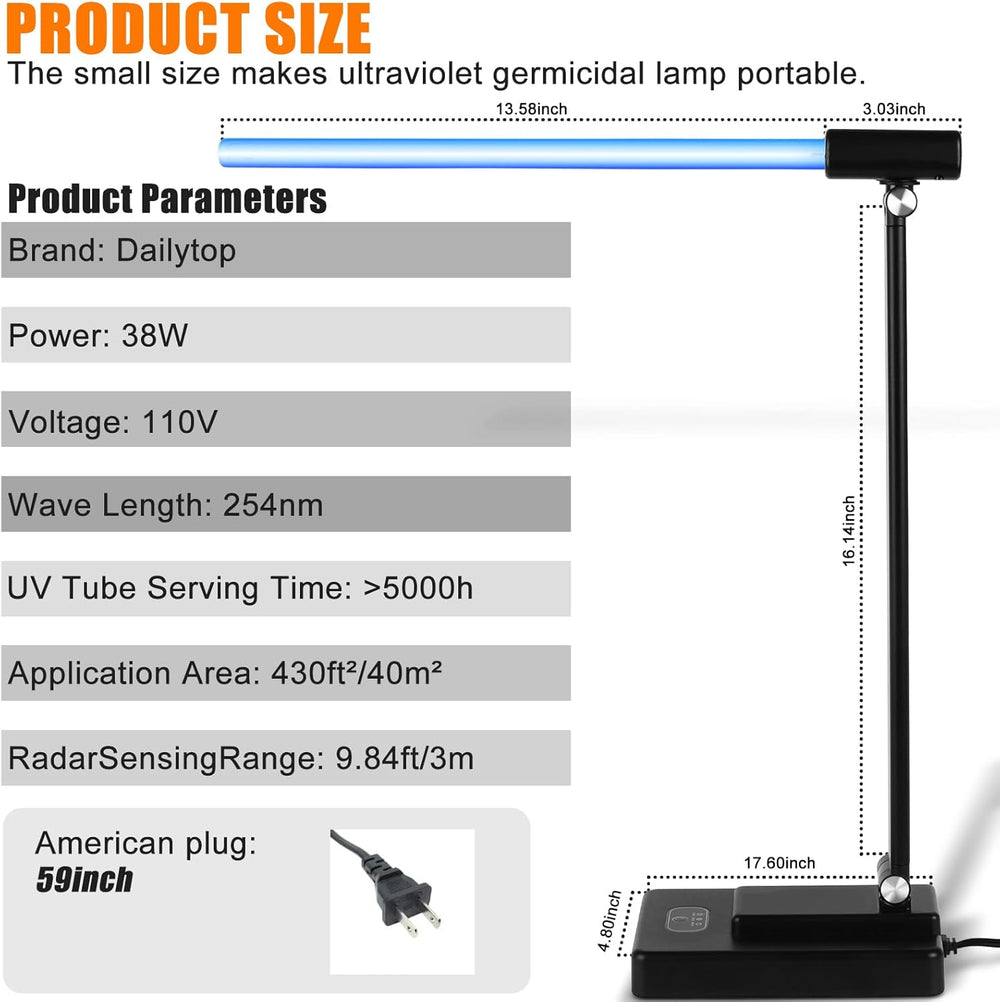 Detailed product specifications for the Dailytop collapsible UVC lamp, including power, dimensions, and battery life.