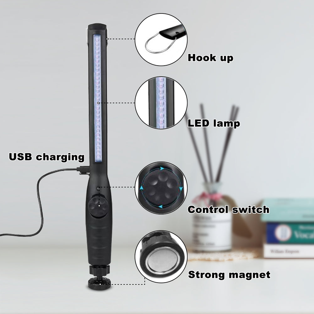 Close-up of the Dailytop portable UV light wand showing the control switch, strong magnetic base, and hanging hook.