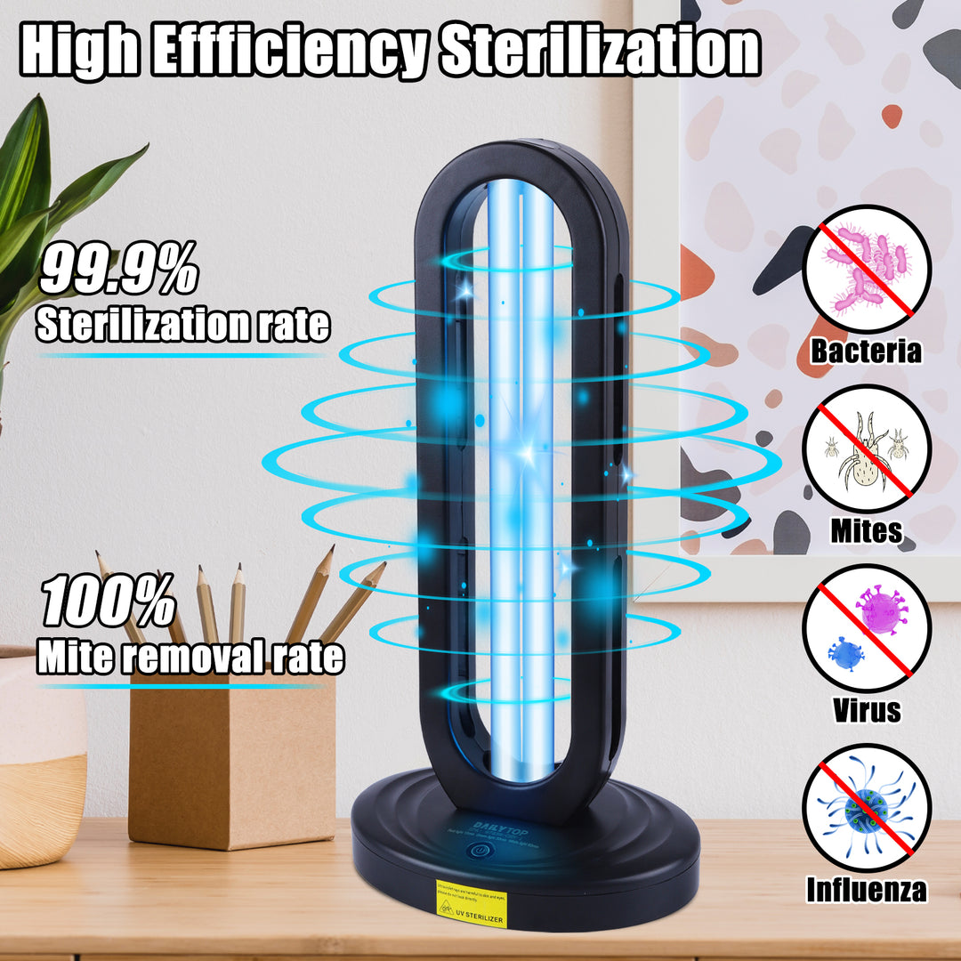 Dailytop UV disinfection lamp infographic highlighting its 99.9% kill rate against germs, viruses, and bed bugs.