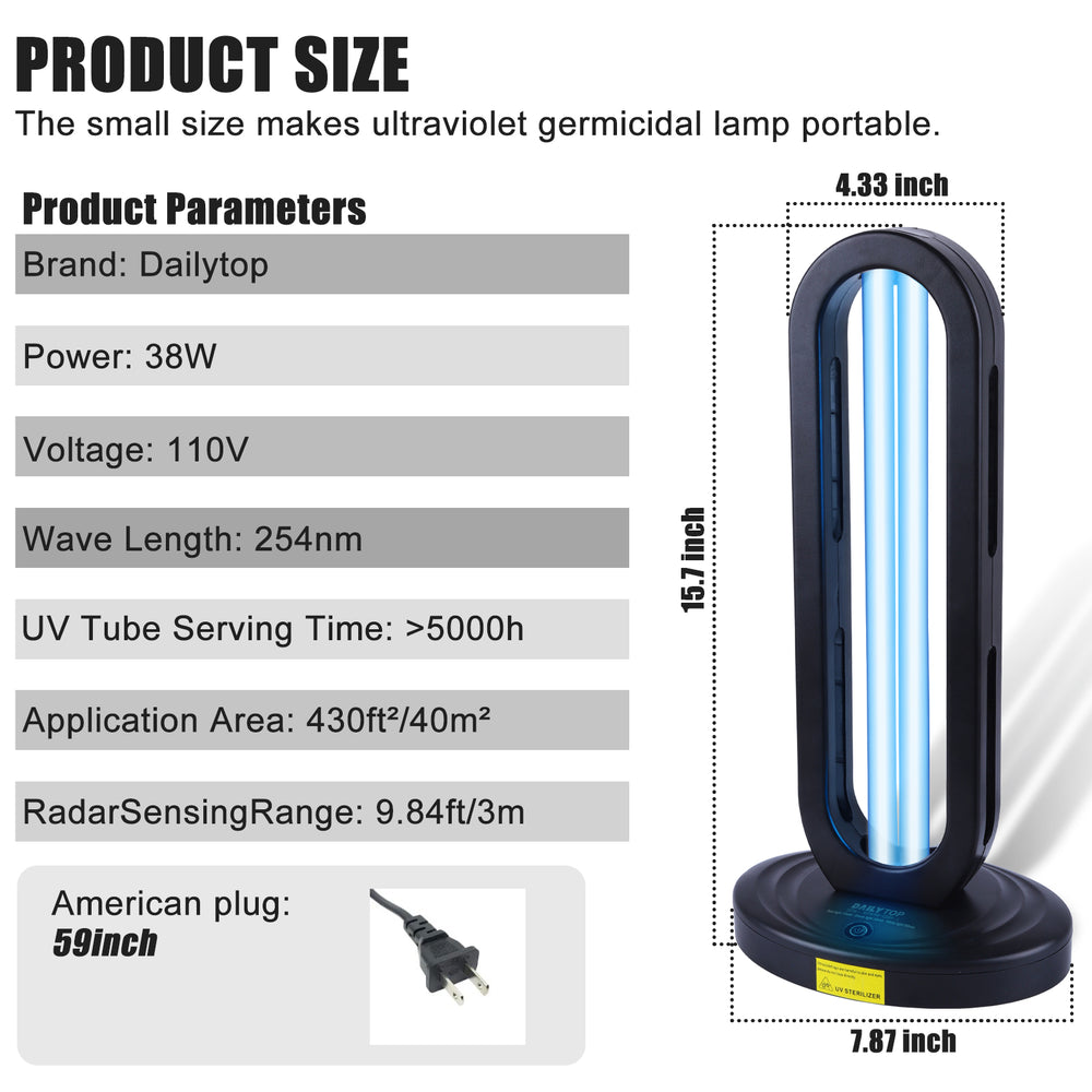 Dailytop UVC lamp product details showing dimensions and safety features like a secure power cord and base