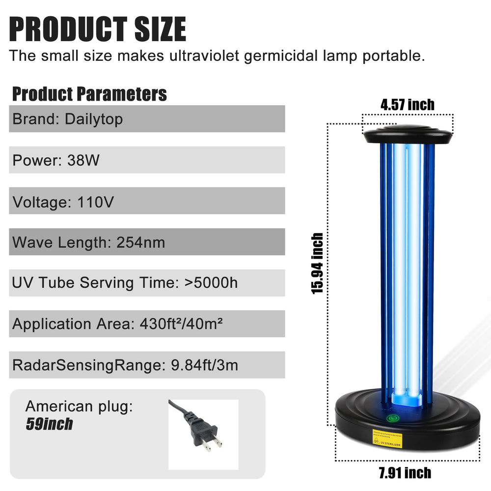 Product specifications for Dailytop black UV lamp, including power, voltage, application area (430 sq.ft), and radar sensing range.