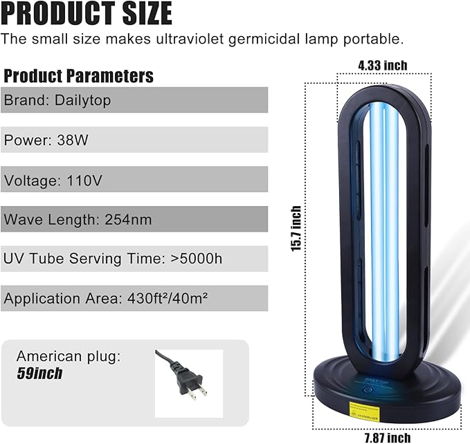 Product size and parameters for the Dailytop black UVC lamp, showing its compact dimensions and 38W power.