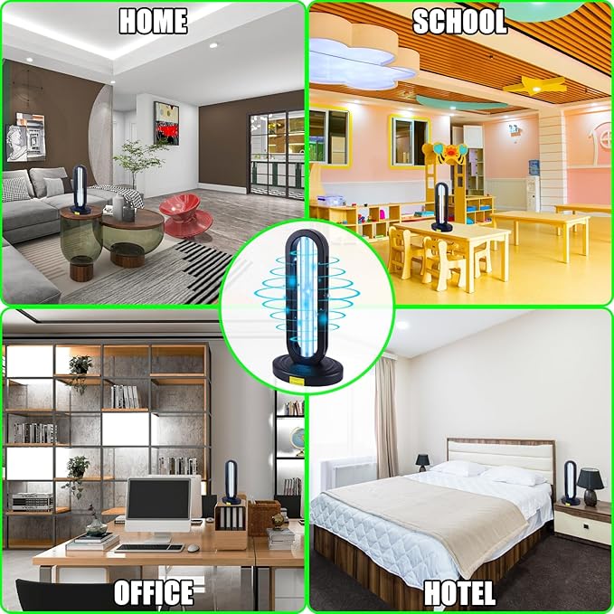 Dailytop black UV ozone sterilizer displayed in various environments, including a home, school, office, and hotel.