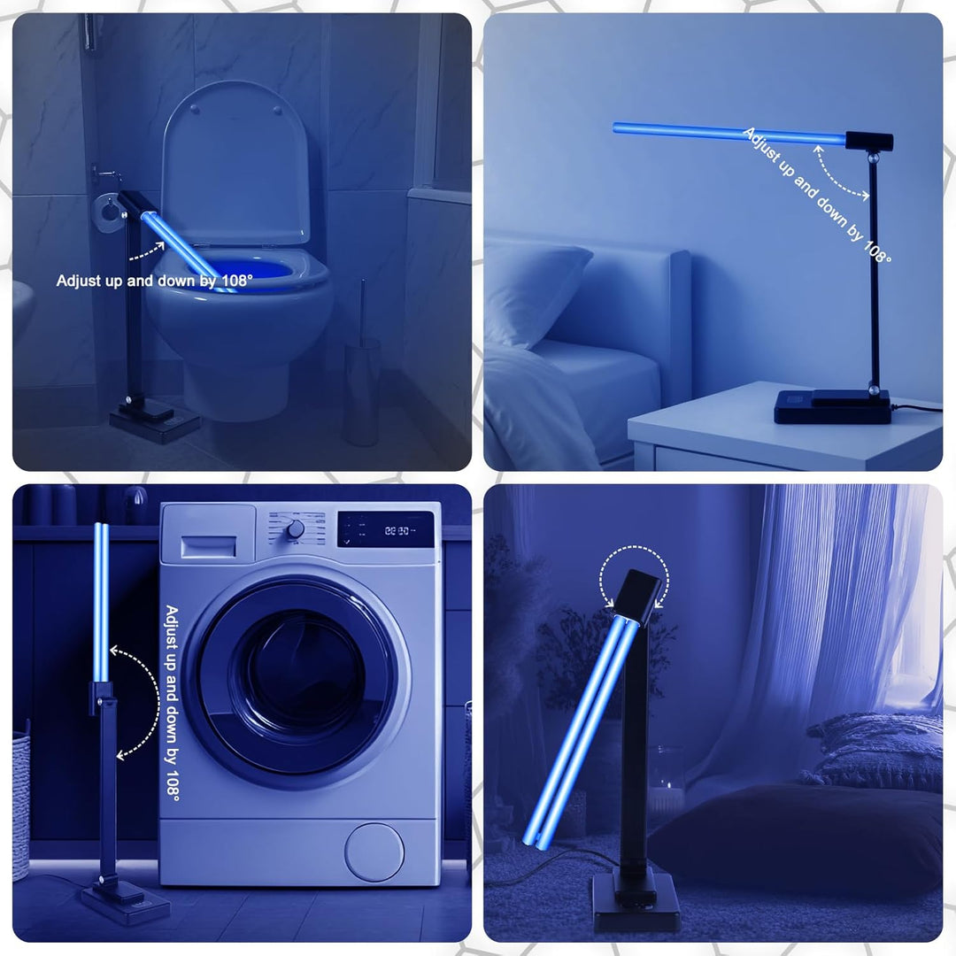 Collage of a standing UV light device in various settings including a bathroom, bedroom, and laundry room.
