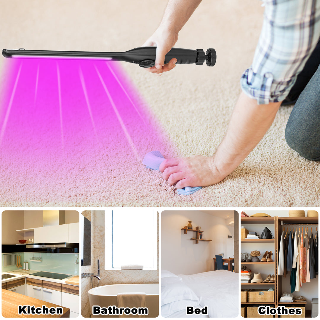 Using the Dailytop portable UV sanitizing wand to disinfect surfaces like beds, carpets, and clothes