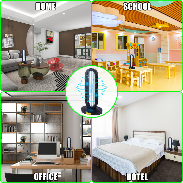 Dailytop UV light sterilizer shown in different use scenarios, including a home, kitchen, office, and baby room.