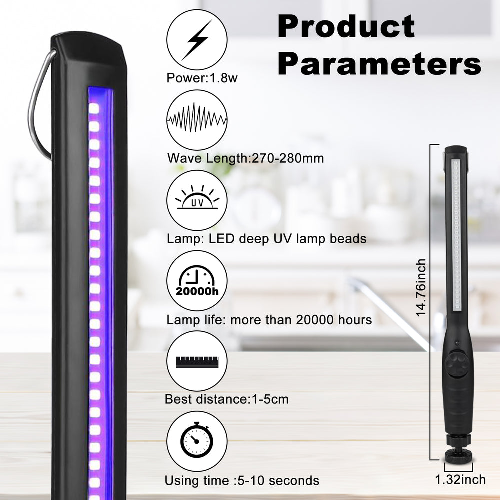 Dailytop portable UV wand product parameters: 1.8W power, LED deep UV beads, and 20000h lamp life