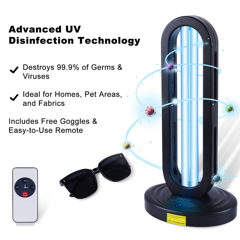 Advanced UV disinfection device with remote control, goggles, and sunglasses on a white background.
