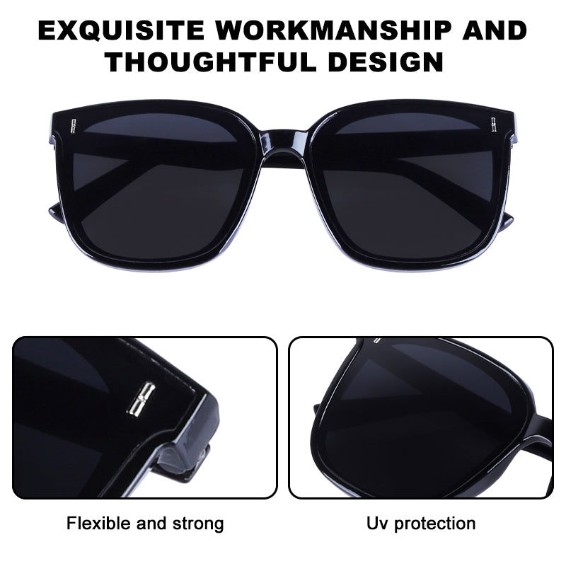 Black sunglasses with text highlighting 'Exquisite workmanship and thoughtful design', 'Flexible and strong', and 'UV protection'.