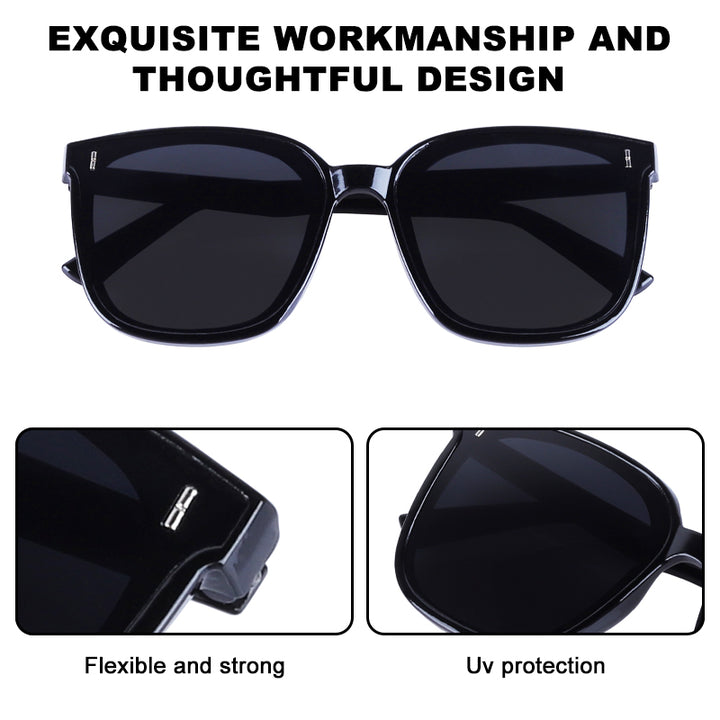 Black sunglasses with text highlighting 'Exquisite workmanship and thoughtful design', 'Flexible and strong', and 'UV protection'.