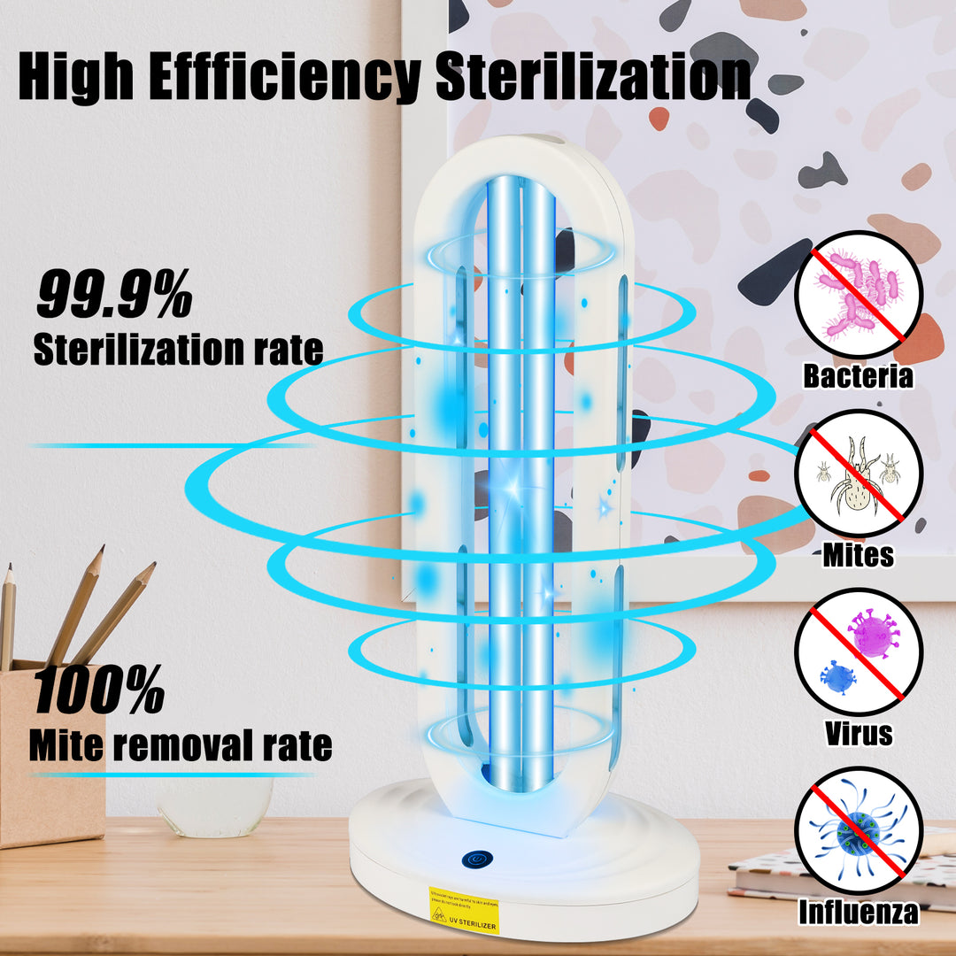 UV C disinfection lamp showing 99.9% sterilization rate against bacteria, viruses, and mites