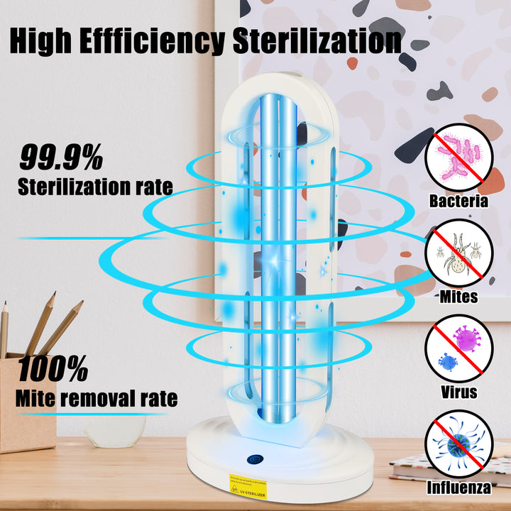UV C disinfection lamp showing 99.9% sterilization rate against bacteria, viruses, and mites