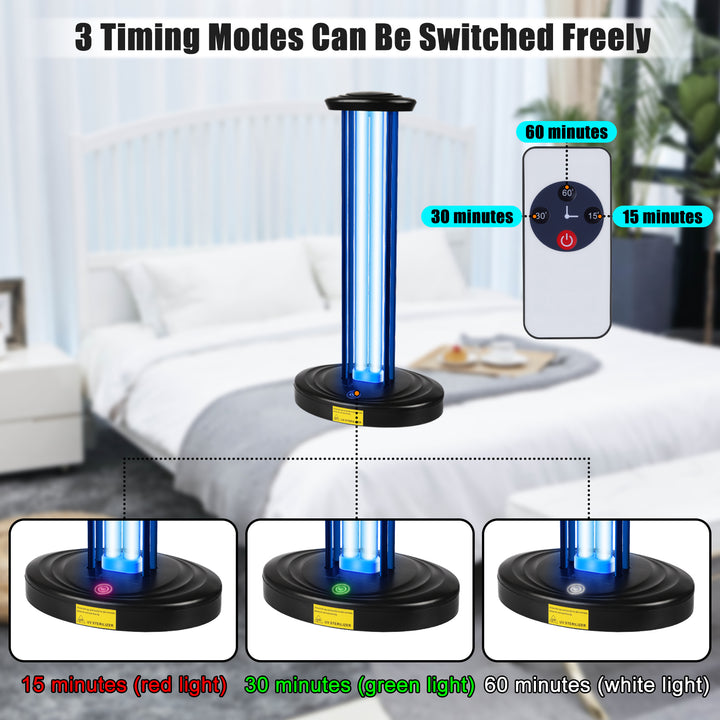 Dailytop black UVC light sanitizer showing 3 timing modes: 15, 30, and 60 minutes with remote control.