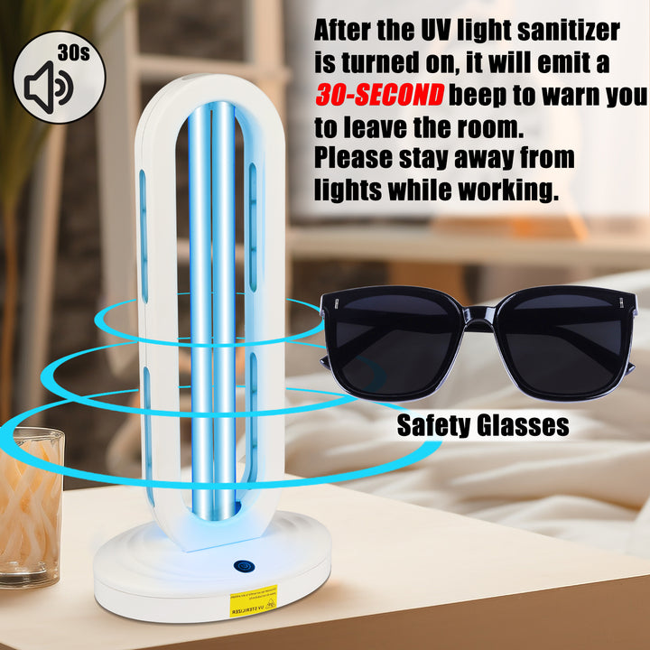 UV sterilizer lamp with 30-second warning and included safety glasses