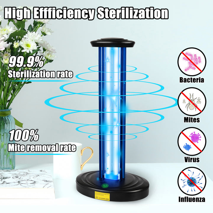 Dailytop UV light sterilizer showing 99.9% sterilization rate against bed bugs, mites, bacteria, and viruses.