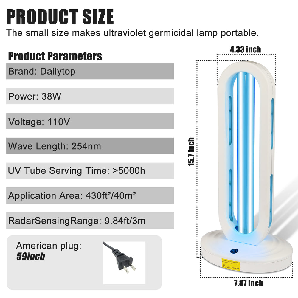 Product dimensions of UV C light sterilizer, 15.7 inch height and 4.33 inch width