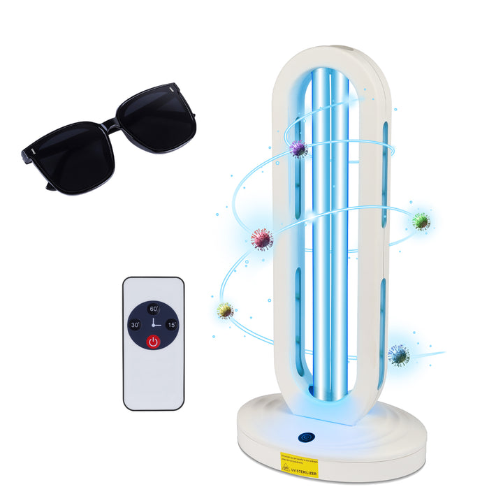 UV C portable sterilizer lamp showing the effect of killing germs and viruses, with remote control and safety glasses.