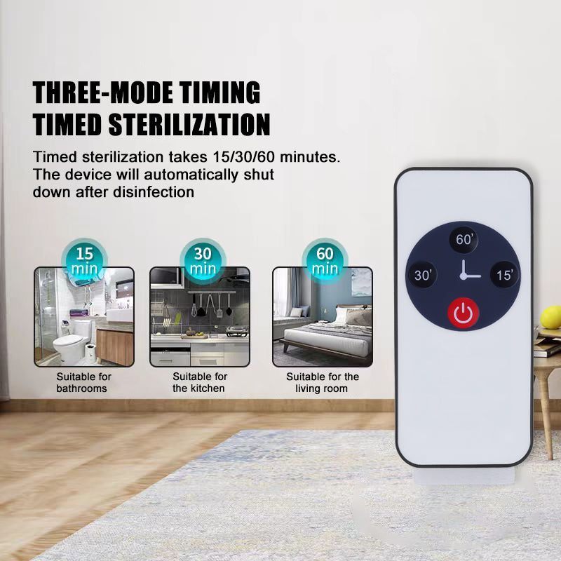 UV sterilizer remote control with three timing modes: 15, 30, and 60 minutes, automatically shuts off