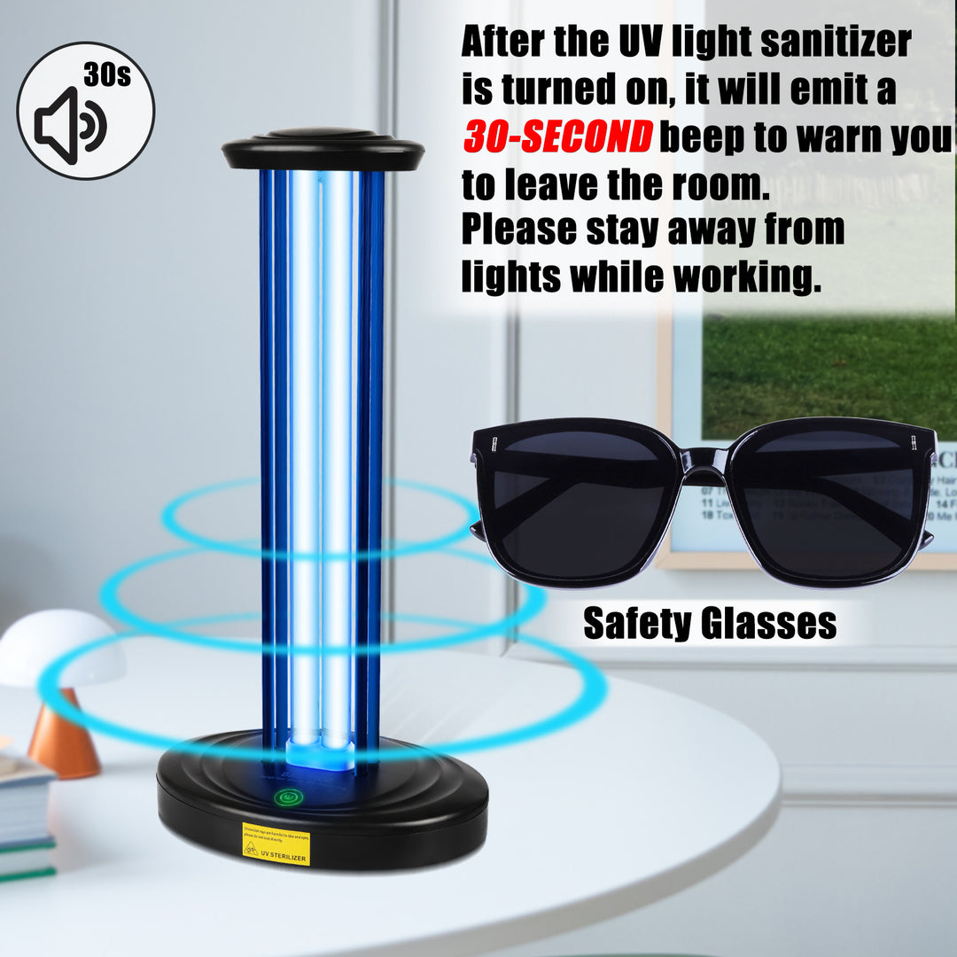 Dailytop UVC light sanitizer with 30-second warning beep and included safety glasses for safe use.