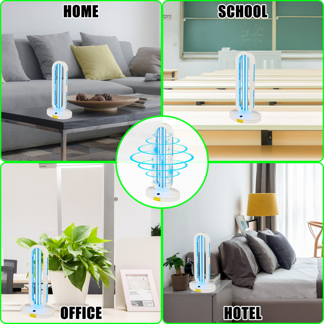 UV germicidal lamp in a home living room, office, school, and hotel bedroom setting